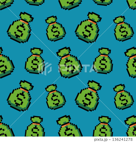 Seamless pixel money bag pattern symbolizing wealth, profit and financial success. Ideal for business design, apps, websites, branding, marketing materials, backgrounds and retro digital projects. 136241278