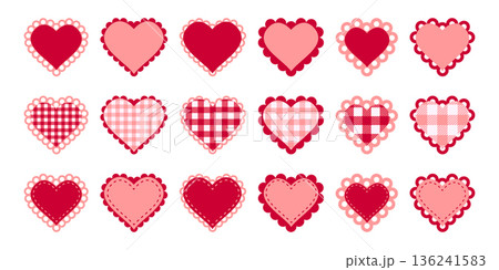 Set of paper or fabric red and pink heart shapes with scalloped borders. Templates of romantic cards or patches with ruffles, stitched borders and gingham prints. Vector flat illustration 136241583