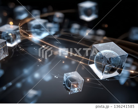 DXとグローバル連携を象徴するデータキューブネットワーク背景｜抽象テクノロジーCG素材 136241585
