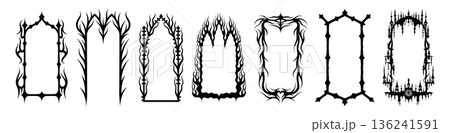 Gothic frame. Tribal fantasy border, neo baroque ornament or y2k branch arch as vintage grunge decoration. Black silhouette, decorative door gate, mystic element. Vector isolated design 136241591