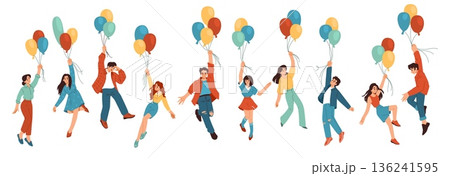 People hold balloons. Happy birthday fly helium baloon, characters with ballon in hands flying. Woman, man and kid child dream in air celebration. Vector cartoon flat style isolated set 136241595
