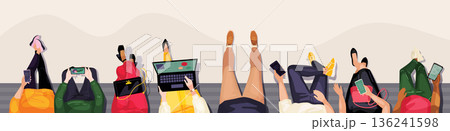 Students at seats. University campus. Teens read from smartphones. People education. Persons sitting on bench. Adult writing in book. School teenagers top view. Vector illustration Students at seats. University campus. Teens read from smartphones. People education. Persons sitting on bench. Adult writing in book. School teenagers top view. Vector illustration 136241598
