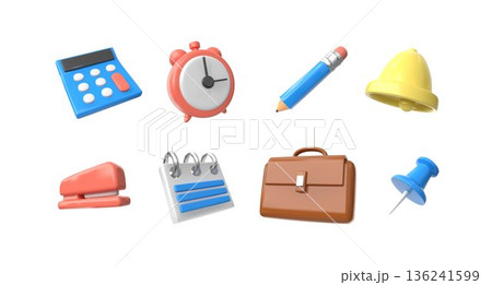 3D icon. Office supply. Notice organizer. Stapler and clip. Notification bell. Calculator and alarm clock timer. Stationery pin. Calendar reminder. Vector render plastic symbols set 3D icon. Office supply. Notice organizer. Stapler and clip. Notification bell. Calculator and alarm clock timer. Stationery pin. Calendar reminder. Vector render plastic symbols set 136241599