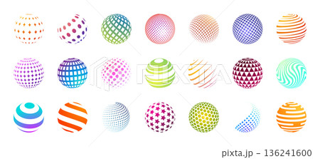 Sphere logo. Globe with square or hexagon texture elements. 3D orb. Tech pixel round geometric shape. Abstract wavy graphic form. Concentric circles. Checkered surface. Vector icons set 136241600