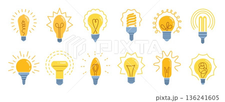 Cartoon bulb. Electricity led light, creative retro doodle design or technology, energy graphic innovation and inspiration symbol. Creative idea. Fluorescent illumination. Vector icons set 136241605