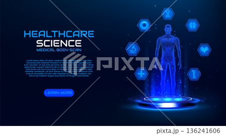 Human hologram. 3D medical body scan. Anatomy AI screen or HUD portal. Biotechnology diagnostic analysis. Data tech display. Healthcare science. Glowing male figure. Vector background Human hologram. 3D medical body scan. Anatomy AI screen or HUD portal. Biotechnology diagnostic analysis. Data tech display. Healthcare science. Glowing male figure. Vector background 136241606