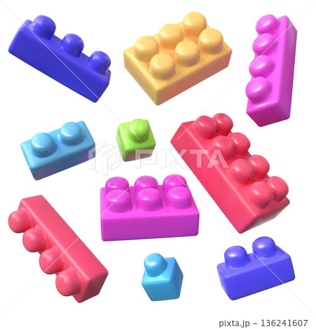 Toy blocks. Realistic plastic bricks. Pink and purple constructor elements for puzzle. Geometric shape. Build cube. Playing children figures. Vector 3D objects set on white background 136241607