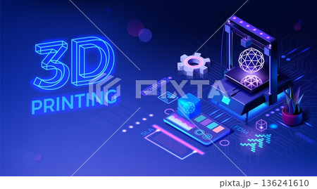 3D printer. Additive print technology. Prototyping material maker and education product. Creative filament modeling. Abstract equipment. Modern production. Vector design background 136241610