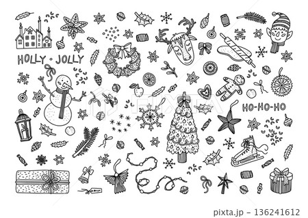 Christmas hand drawn icons. Doodle xmas tree, santa reindeer and sleigh, cute snowman sketch. Snowflake ornament. Elf and deer head for logotype and emblem. Vector isolated elements 136241612