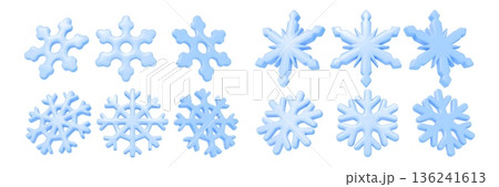 3d snowflake set. Ice snow flake, winter crystal render glossy decorative objects or frost realistic blue decoration different angles view. Plastic weather shape. Vector isolated icon 3d snowflake set. Ice snow flake, winter crystal render glossy decorative objects or frost realistic blue decoration different angles view. Plastic weather shape. Vector isolated icon 136241613