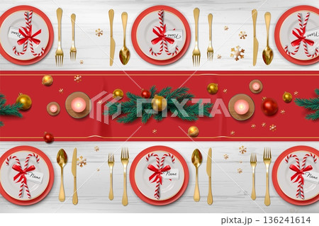 3D Xmas cutlery. Top view of table with napkin. Gold Christmas food party or winter restaurant kitchen poster. Coniferous decor. Holiday ball and candle. Dinner serving. Vector background 3D Xmas cutlery. Top view of table with napkin. Gold Christmas food party or winter restaurant kitchen poster. Coniferous decor. Holiday ball and candle. Dinner serving. Vector background 136241614