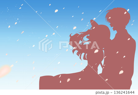 隣り合って幸せそうに笑う男女 外出 桜吹雪 シルエット 青空 隣り合って幸せそうに笑う男女 外出 桜吹雪 シルエット 青空 136241644