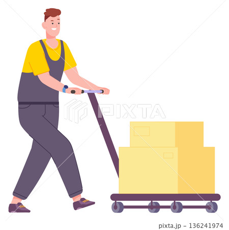 Warehouse worker push trolley with stack of cardboard boxes Warehouse worker push trolley with stack of cardboard boxes 136241974