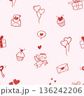 valentine seamless pattern background, cute drawing cartoon of heart balloon, cupid, love letter, cup cake, key, gift box, love bubble isolated on pink background, flat minimal style 136242206