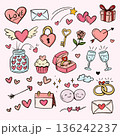 set of cute drawing cartoon of Valentine with heart, love, ring, rose, letter, Champagne, cup cake, key, calendar isolated on pink background 136242237