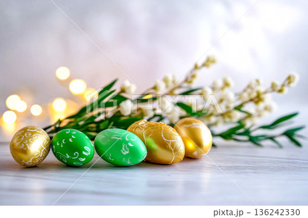 Easter card with eggs, kulich, and flowers 136242330