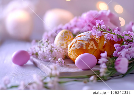 Easter card with eggs, kulich, and flowers 136242332