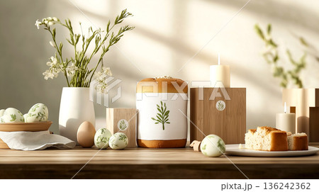 Traditional Kulich Cakes on Festive Easter Table 136242362