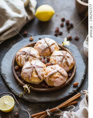 Dramatic Hot Cross Buns with Vibrant Accents Dramatic Hot Cross Buns with Vibrant Accents 136242377