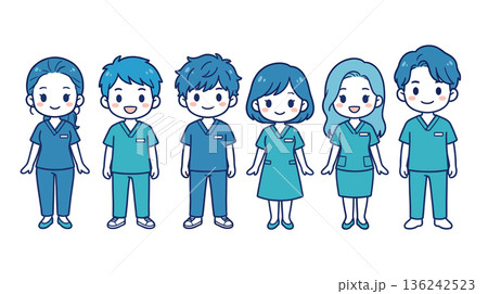 看護師と医療スタッフのデフォルメ人物セット スクラブユニフォームのチーム素材 136242523