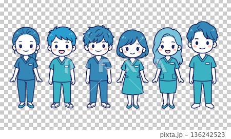 看護師と医療スタッフのデフォルメ人物セット スクラブユニフォームのチーム素材 136242523
