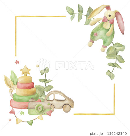 Hand drawn watercolor nursery frame with bunny toy, wooden car, stacking rings, garland and eucalyptus branches. Botanical baby illustration in soft pastel colors for birth cards, posters, invitations Hand drawn watercolor nursery frame with bunny toy, wooden car, stacking rings, garland and eucalyptus branches. Botanical baby illustration in soft pastel colors for birth cards, posters, invitations 136242540