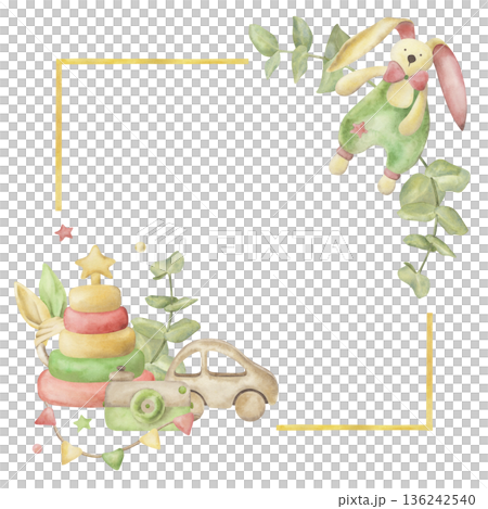 Hand drawn watercolor nursery frame with bunny toy, wooden car, stacking rings, garland and eucalyptus branches. Botanical baby illustration in soft pastel colors for birth cards, posters, invitations 136242540