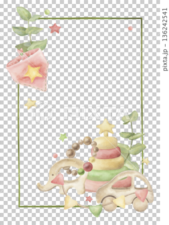 Hand painted watercolor baby frame with elephant, toy car, stacking rings, stars and eucalyptus. Botanical nursery illustration, soft pastel colors, ideal for baby shower cards, posters, invitations 136242541