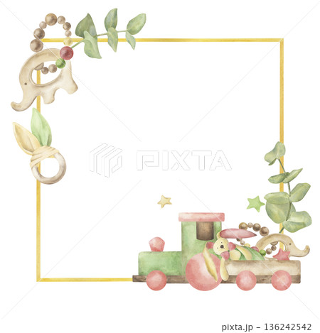Hand painted watercolor baby frame with toy train, elephant, wooden rattle, stars and eucalyptus. Botanical nursery illustration in soft pastel tones, perfect for baby shower cards, posters Hand painted watercolor baby frame with toy train, elephant, wooden rattle, stars and eucalyptus. Botanical nursery illustration in soft pastel tones, perfect for baby shower cards, posters 136242542