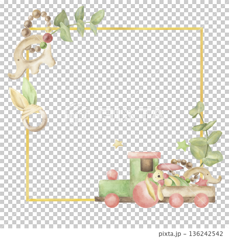 Hand painted watercolor baby frame with toy train, elephant, wooden rattle, stars and eucalyptus. Botanical nursery illustration in soft pastel tones, perfect for baby shower cards, posters Hand painted watercolor baby frame with toy train, elephant, wooden rattle, stars and eucalyptus. Botanical nursery illustration in soft pastel tones, perfect for baby shower cards, posters 136242542
