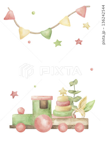 A template for a card featuring wooden baby toys. The illustration features a train, a pyramid, a teether with bunny ears, and eucalyptus, hand-drawn in watercolor. For children's parties cards 136242544