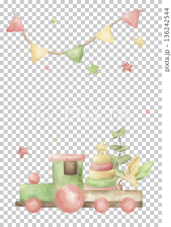 A template for a card featuring wooden baby toys. The illustration features a train, a pyramid, a teether with bunny ears, and eucalyptus, hand-drawn in watercolor. For children's parties cards 136242544