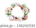 Watercolor wreath with garlic and herbs. Hand-drawn illustration of garlic with rosemary and spices. Creative watercolor depiction of garlic wreath with rosemary and pepper accents for market display 136242592
