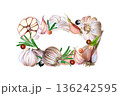 Herb decor illustration. Rustic herbal ornamentation with hand-painted garlic and rosemary framing. Artisanal watercolor depiction of culinary herbs and garlic used for food branding design 136242595