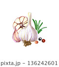 Detailed watercolor illustration highlighting natural culinary elements. Comprehensive artistic study emphasizing detailed natural herbs and spice representations for cooking and health 136242601