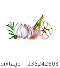 Modern watercolor scene of garlic and rosemary. Horizontal watercolor artwork showing garlic surrounded by rosemary. Stylish hand-drawn depiction of garlic and rosemary perfect for food blog headers 136242603