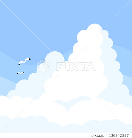 青空に入道雲とかもめが飛ぶシンプルな空背景|夏空のフラットベクターイラスト(正方形) 青空に入道雲とかもめが飛ぶシンプルな空背景|夏空のフラットベクターイラスト(正方形) 136242837