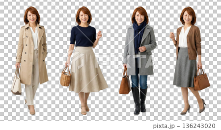一套四位五十多歲的日本女性，分別身著春、夏、秋、冬裝，全身鏤空設計，透明PNG材質，休閒裝，套裝 136243020