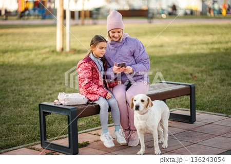 Mother and daughter using smartphone on park bench with dog Mother and daughter using smartphone on park bench with dog 136243054