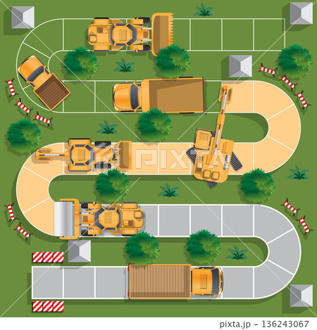 Construction of the road. Board game. View from above. Vector illustration. Construction of the road. Board game. View from above. Vector illustration. 136243067