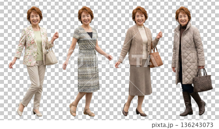 Elegant Japanese woman in her 70s, 4 variations of the same person, full-body cutout PNG, transparent background, spring, summer, autumn, winter, casual 136243073