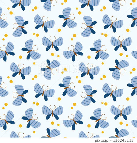 Seamless pattern with cute butterflies and dots on light background. Flat style. 136243113