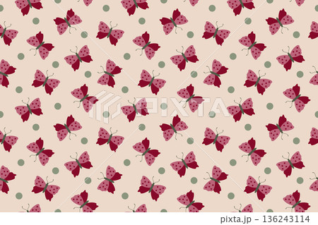 Seamless pattern with cute butterflies and dots on light background. Flat style. Seamless pattern with cute butterflies and dots on light background. Flat style. 136243114