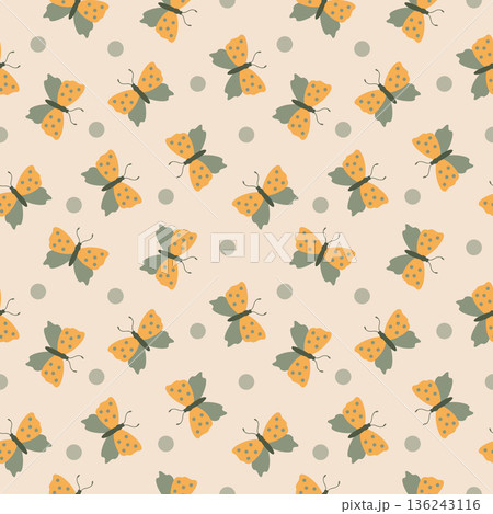 Seamless pattern with cute butterflies and dots on light background. Flat style. Seamless pattern with cute butterflies and dots on light background. Flat style. 136243116