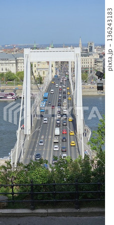 A bridge over a Danube river in Budapest with a lot of traffic A bridge over a Danube river in Budapest with a lot of traffic 136243183