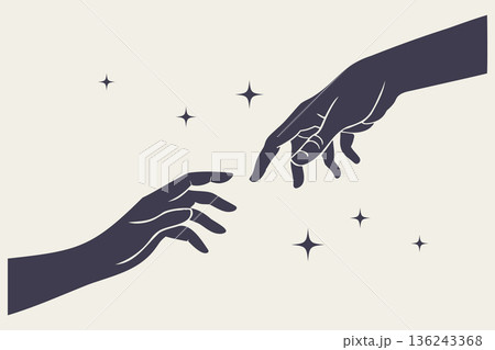 Two hands reaching out to each other. Celestial connection of outstretched arms in a starry embrace. Illustration. Two hands reaching out to each other. Celestial connection of outstretched arms in a starry embrace. Illustration. 136243368