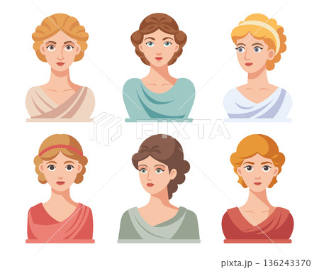 Collection of cute classical greek or roman female Busts. Modern stylized set of ancient sculptures. Flat illustration. 136243370