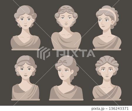 Collection of cute classical greek or roman female Busts. Modern stylized set of ancient sculptures. Collection of cute classical greek or roman female Busts. Modern stylized set of ancient sculptures. 136243371