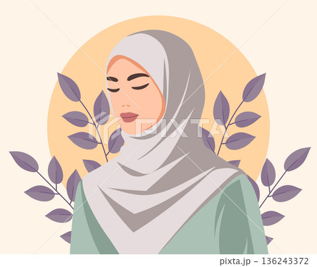 Beautiful Muslim Woman Portrait in Hijab. Illustration in pastel colors. Beautiful Muslim Woman Portrait in Hijab. Illustration in pastel colors. 136243372