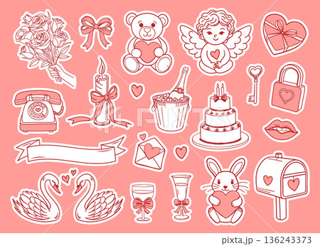 Valentines day doodle stickers set. Romantic hand drawn love elements collection. Valentines day doodle stickers set. Romantic hand drawn love elements collection. 136243373